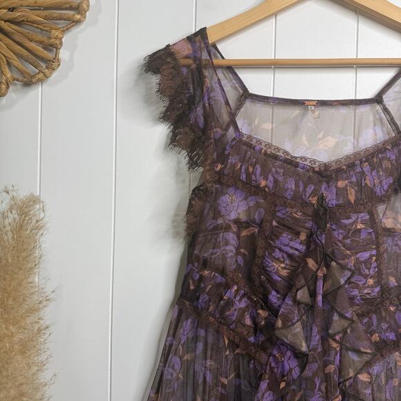 Free People tunic top floral lace sheer ruffled boho mesh top Large - Picture 4 of 8